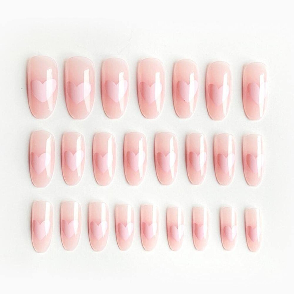 Matte Press On Nails Set 24pcs with Glue, Reusable Full Cover Fake Nails, Peach Heart Design