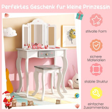Toeletta per bambini 2 in 1 + sgabello con specchio pieghevole, cassetto e accessori