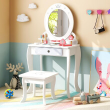 Set da toeletta per bambini 2 in 1 con sgabello, specchio rimovibile, cassetti e accessori