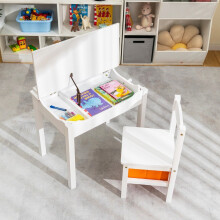 Tavolo + sedia per bambini in legno massiccio con piano pieghevole, cassetto e ganci bianchi