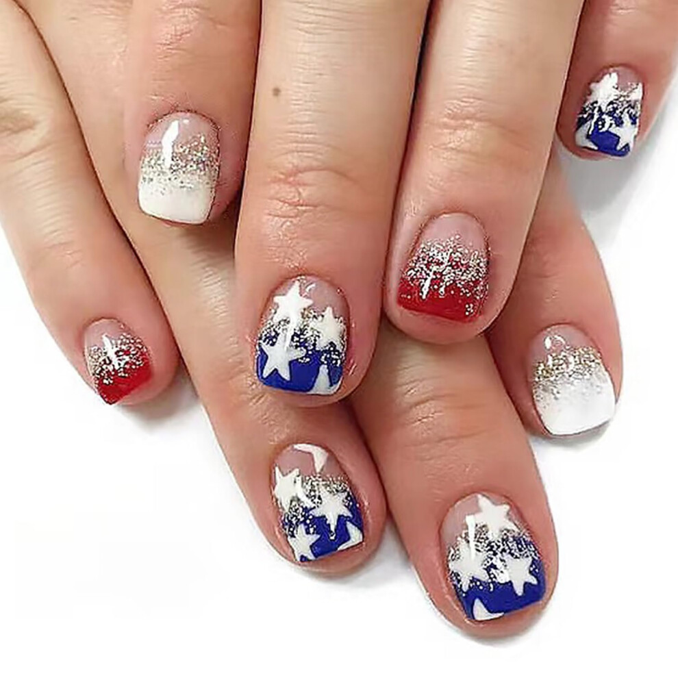24pcs 4th of July Press On Nails French Tip American Flag Patriotic Star Glitter False Nails