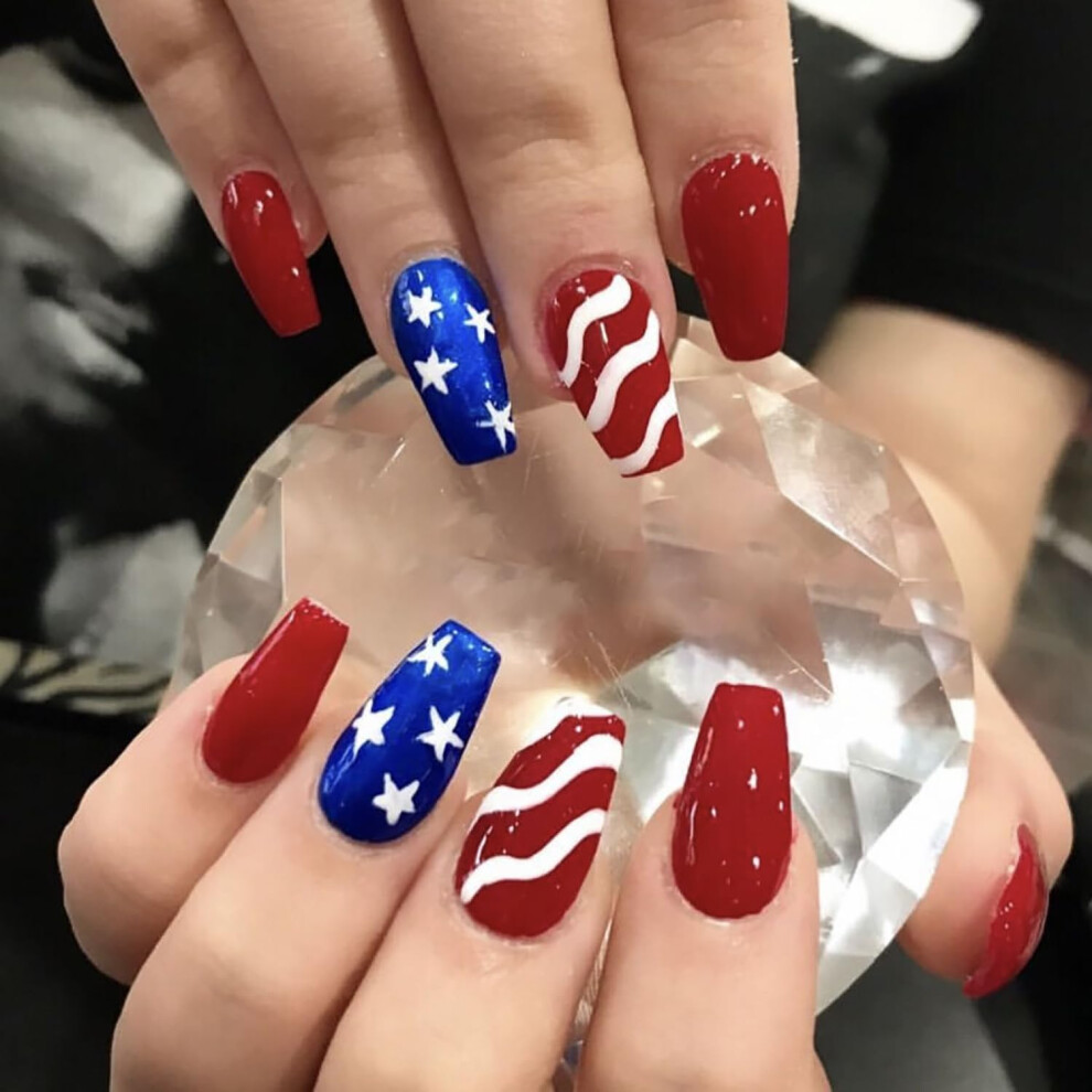24 Pcs 4th of July Press on Nails Coffin Fake Nails Patriotic American Flag Glossy Acrylic Set
