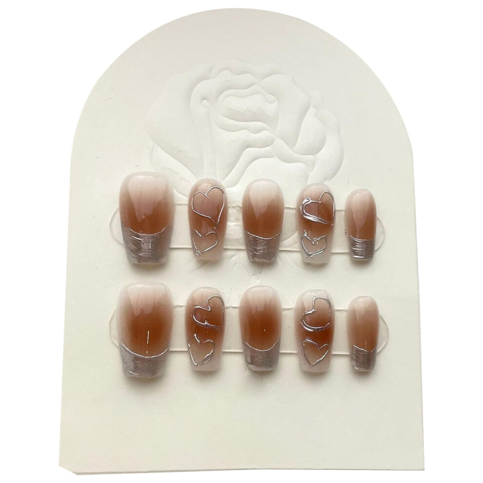 Press On Nails French Style with Heart Design, Medium Length Fake Nails for SalonQuality Manicure