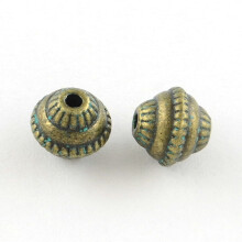 50 Stück bikonische Zinklegierungsperlen, cadmium- und bleifrei, antikbronze und grün patiniert, 8 x 7 mm, Loch: 2 mm