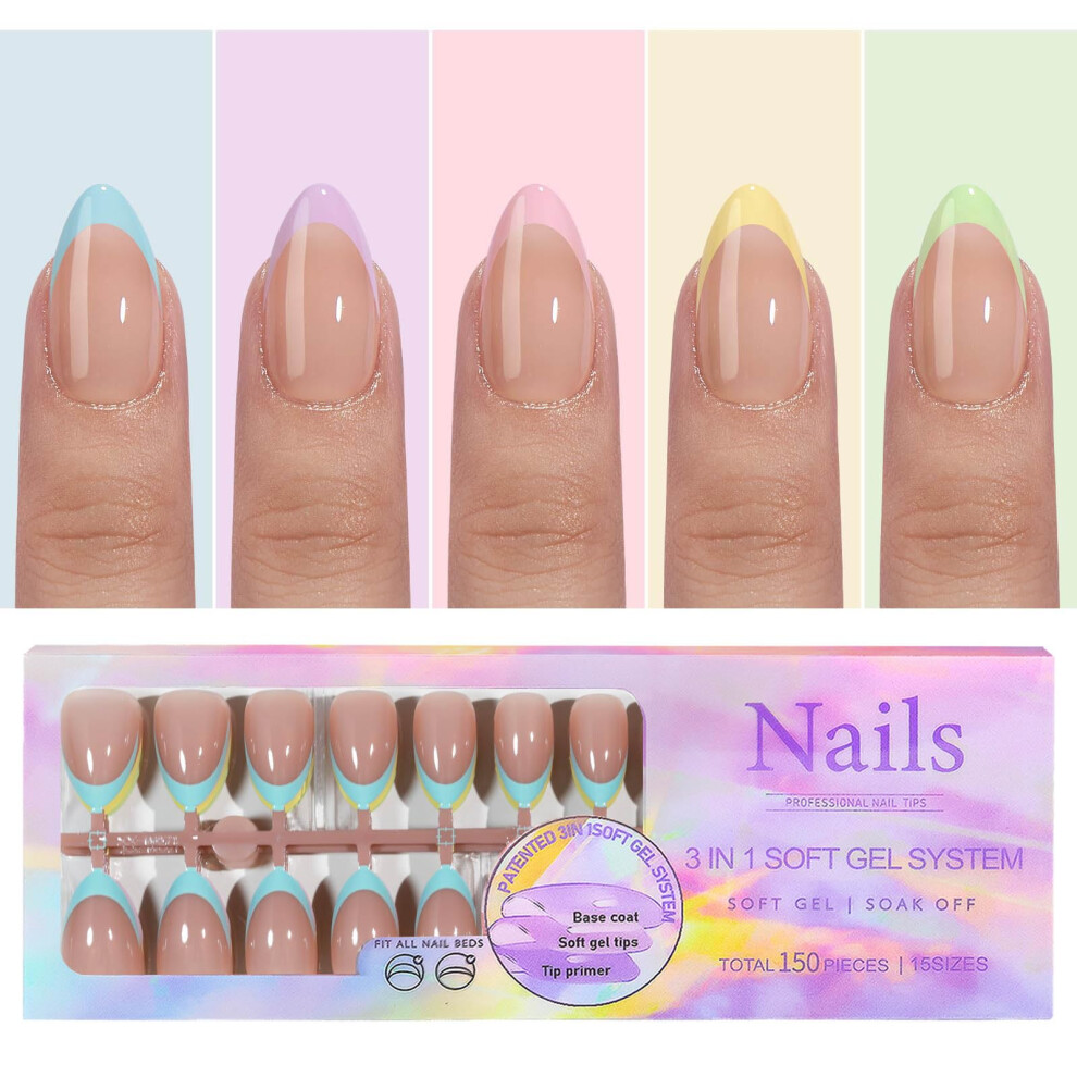 French Press On Nails Short Square Soft Gel Tips, 150Pcs SalonQuality French Tip Nails 15 Sizes