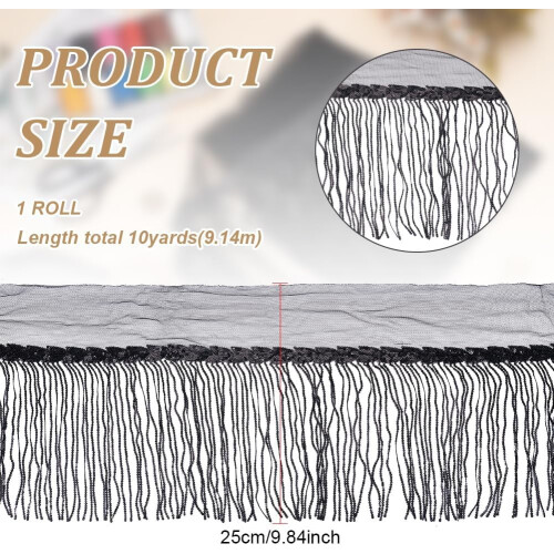 10Yards Κρόσσια με πούλιες, 9,8 ιντσών PVC ραπτικής, κρόσσια, μαύρη φούντα με πούλιες 1