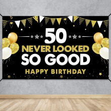 Grappige verjaardagsbanner en decoraties voor de 50e verjaardag voor mannen en vrouwen, zwart-gouden feestartikelen met de tekst "Happy 50th Birthday