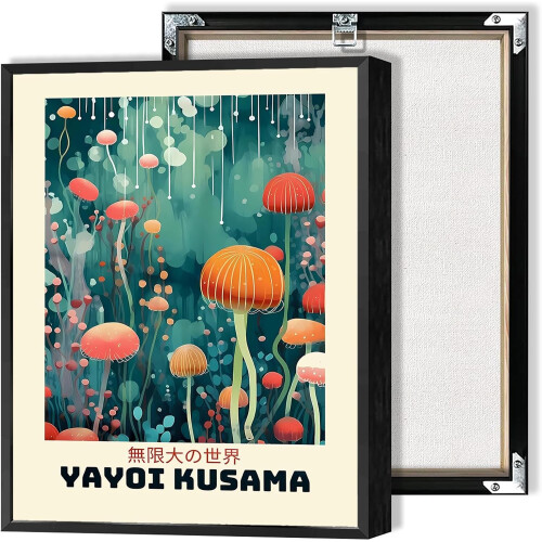 Ρετρό αφίσα Yayoi Kusama σε καμβά, αφηρημένη πράσινη ζωγραφική εμπνευσμένη από τον Kusama,