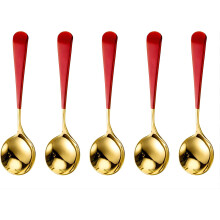 Lot de 5 cuillères, en acier inoxydable 304, tête ronde, manche court et épais, style coréen, 15,5 cm, rouge, pour soupes, desserts et thé au