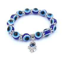 Pulseira de contas com olho grego, pulseira com pingente da Mão de Fátima, pulseira elástica com amuleto de olho azul, pulseira turca de