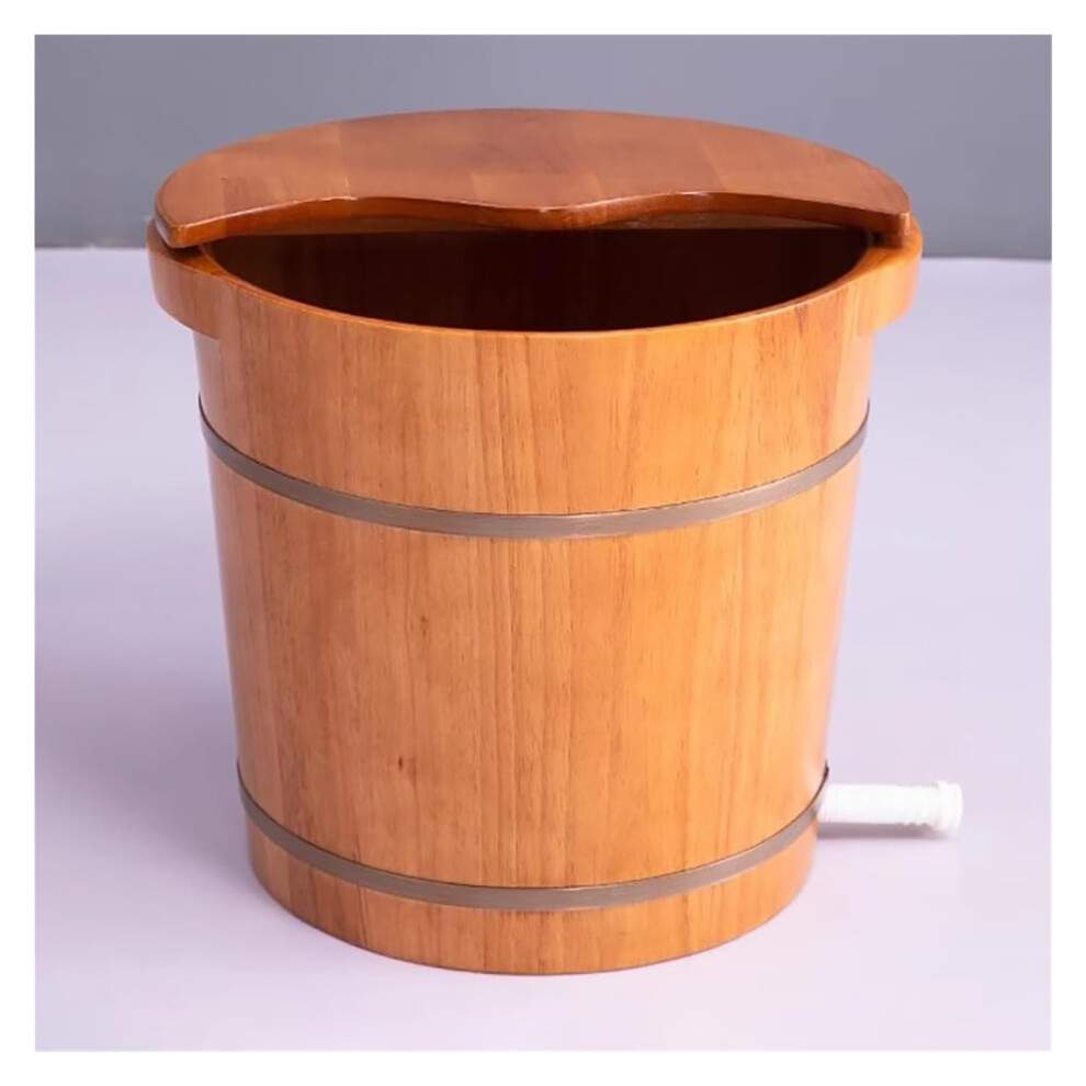 Solid Oak Wood Foot Soak Tub with Lid and Drain Valve, Leakproof Spa Bucket for Home 40x38cm
