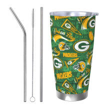 Thermos in acciaio inox da 20 once con coperchio e cannuccia, a tema squadra di football americano dei Packers, compatibile con portabicchieri per