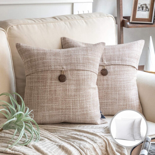 Phantoscope Single Button Series Linen Decorative Throw Pillow, 12"x20", Beige, 2 Pack 2