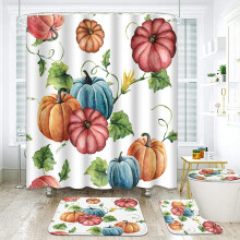Fall Bathroom Set: Pumpkin Shower Curtain & Rugs, Autumn Leaves Design, 4 Pcs