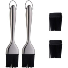 2-Pack Grill Basting Brush with 2 Backup Silicone Heads, No-Shed Bristles, Stainless Steel Handles, Heatproof & Rust Resistant, Dishwasher Safe