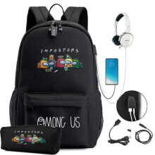 Zaino Among Us per bambini, zaini con porta USB, 1 pz, nero, piccolo, 3 nero piccolo 3