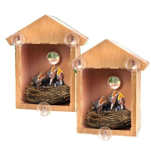 2 See Through One Way Mirrored Bird House - Suction Cup Window Mounted Bird Nesting Box