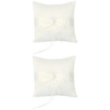 Lot de 2 coussins pour alliances de 10 x 10 cm pour cérémonie de mariage, ornés d'un double nœud papillon en satin et de fausses perles (ivoire).