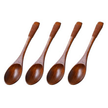 4PCS Oval Head Design Wooden Kids Soup Spoons Natural Wood Rice Serving Tableware Flatware Set with Tied Line on Handle (Brown Line)