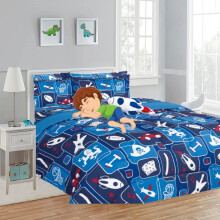 SAMIMPORT-2011 Juego de edredón infantil de 6 piezas para cama individual, estampado de cohete azul, 100 % poliéster de microfibra