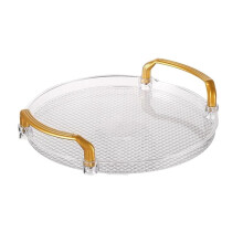 Plateau de service rond transparent en acrylique, plateau décoratif pour salle de bain avec poignée dorée, idéal pour table basse ou bureau.