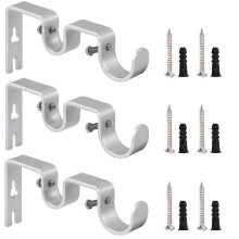 Adjustable Curtain Rod Wall Bracket Hooks, Double Curtain Rod Hanging Brackets Wall Mount Heavy Duty, Set of 3, Silver