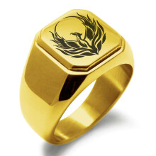 Anillo de sello de acero inoxidable estilo motero con parte superior plana cuadrada grabada con fénix de la mitología griega y acabado pulido.