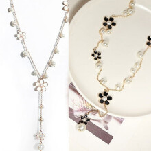 Besufy Damenkette, lange Halskette im koreanischen Stil mit künstlichen Perlen und Blumen, Pulloverkette