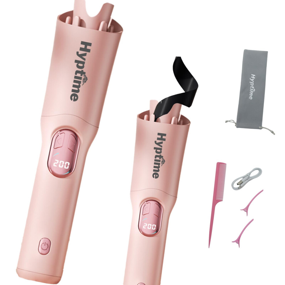 Pink Cordless Automatic Curling Iron With 32Mm Rotating Barrel For Long Hair, Fast Typec Charging