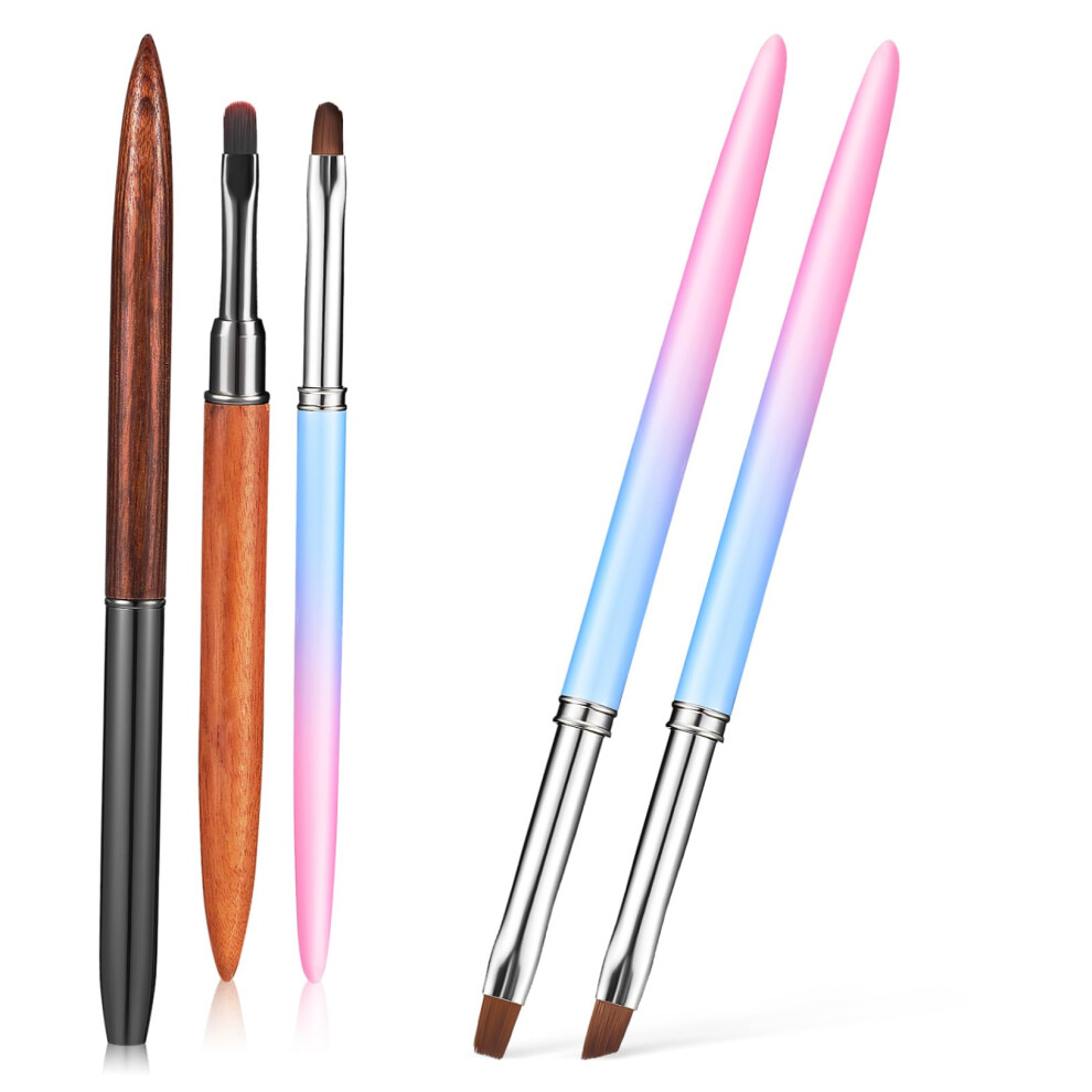 Nail Art Brush Set 5Pcs Wooden Handle for Manicure with Flat and Angled Heads for Detailing and Cleanup