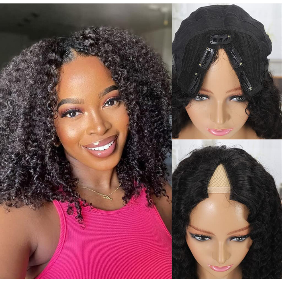 Unisex Black 18 Inch V Part Human Hair Wig Glueless Brazilian Remy Jerry Curl 180% Density Natural Hairline