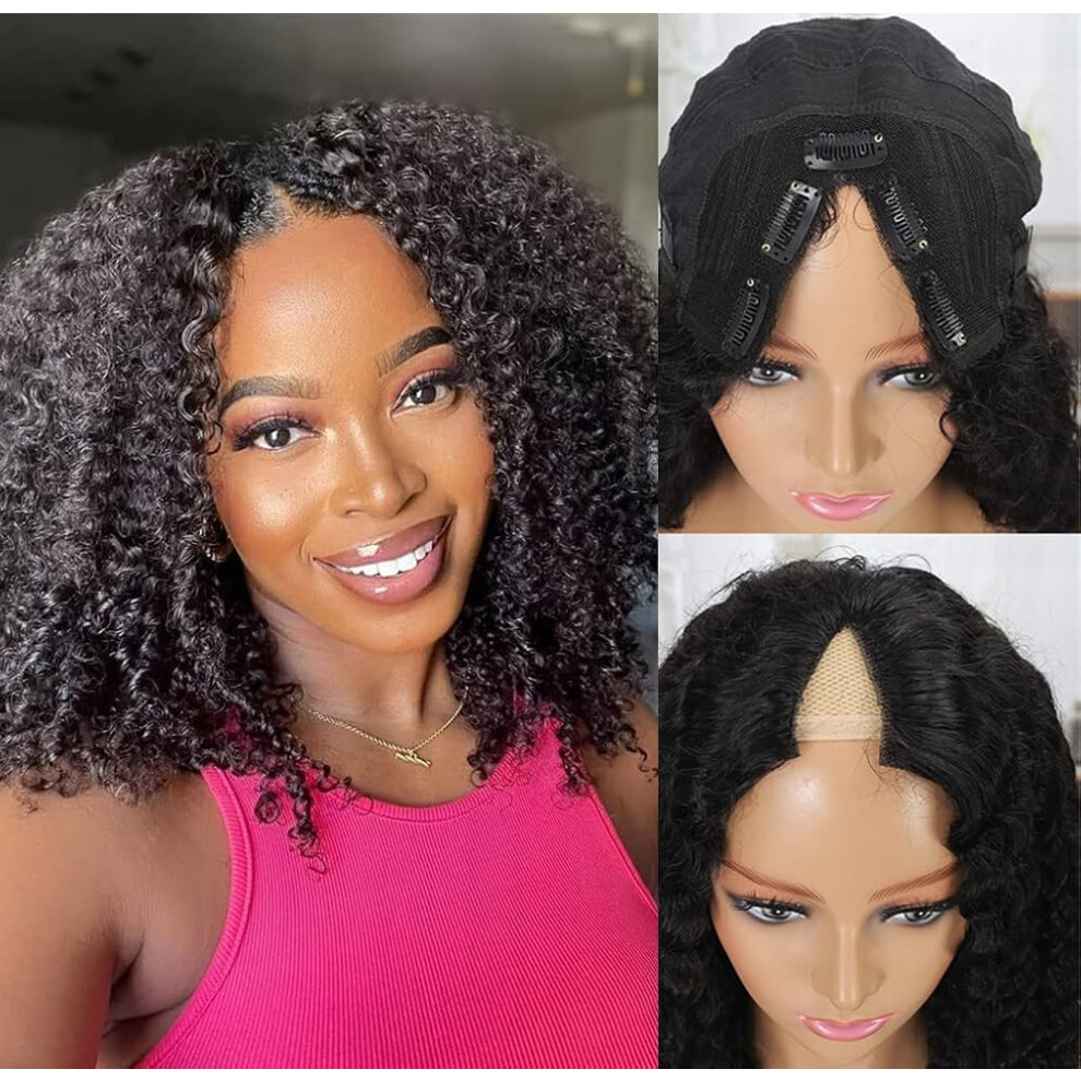 Unisex U Part Kinky Curly Human Hair Wig 180% Density Glueless Brazilian Remy For Women, 10 Inch