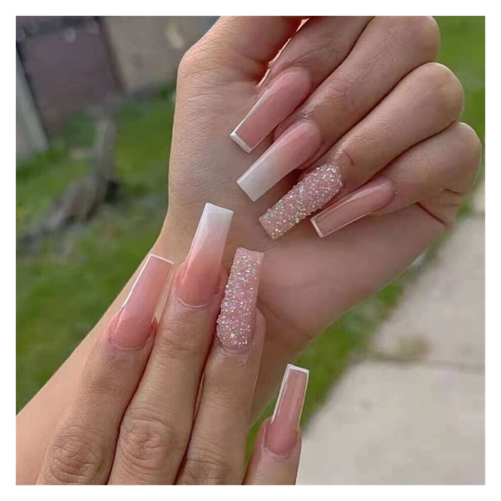 24pcs Pink Gradient and White Press On Nails with Rhinestones for Bride Ballerina DIY Manicure