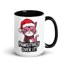 Caneca de Natal engraçada com gato rosa mal-humorado e interior colorido, "Pawsitively Over It" (Preta, 443 ml)