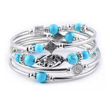 Rygai Damesarmband met Natuurstenen, Etnische Meerlaagse Retro Blauwe Turkooizen Kralen, Wikkelarmband, Sieraden Cadeau, C