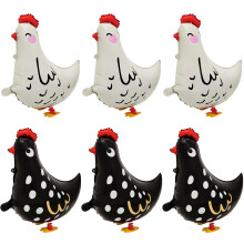 6 stuks folieballonnen in de vorm van een lopende kip, staande dierenballonnen van mylar, feestdecoratie met dierenthema (3 witte + 3 zwarte)