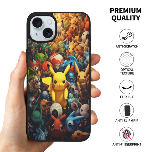 Capa para iPhone 15 compatível com Pikachu, capa de vidro macio para celular com câmera dupla compatível com iPhone 15 Plus. 2