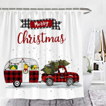 Jouluinen suihkuverho 72" x 72" koukkuilla, punainen kuorma-auto, talviteema, maalaistalon kylpyhuoneen sisustus - yhteensopiva vakiosuihkujen kanssa