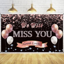 Decoraties voor een afscheidsfeest na pensionering, roségouden banner met de tekst "We zullen je missen", decoraties voor een afscheidsfeest.