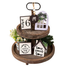 Decoratieset met etagère in boerderijstijl, inclusief houten kralen en bordjes, geschikt voor rustieke keukentafeldecoratie, ideaal als