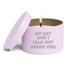 Vela perfumada de 227g com tampa "Meu gato e eu falamos de você" (Cítrico - Roxo)