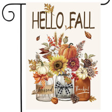 Fröhliche Herbst-Gartenflagge, doppelseitig, vertikal, mit Blumenmuster, Einmachgläsern und dem Aufdruck „Dankbar“, perfekt für den Garten im