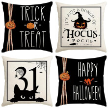 Halloween-Kissenbezüge, 4er-Set, 45 x 45 cm, fröhliche Halloween-Kissen im Landhausstil, weiß/schwarz, Herbst-Dekokissen für Zuhause/Sofa