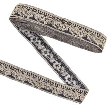 Ruban jacquard vintage noir et or, 10 yards (9,14 m), 30 mm, motif floral et feuilles, brodé et tissé.