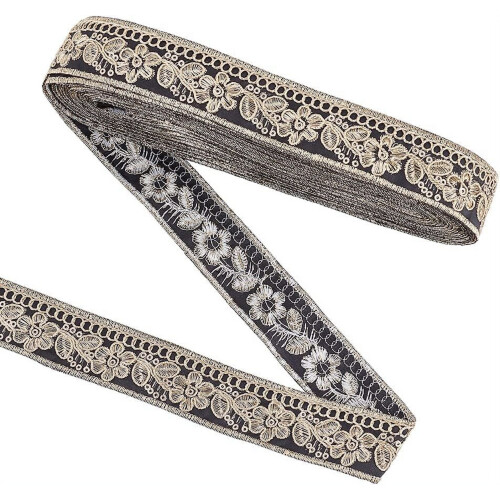 10Yards30mm Μαύρο Χρυσό Vintage Ζακάρ Κορδέλα με Φυλλικά Φύλλα Κεντημένο Υφασμένο Σχέδιο