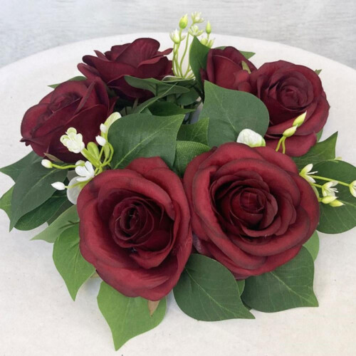 Coroa de Velas Pequena em Formato de Guirlanda, 25cm/9,8 polegadas - Decoração Floral Artificial com Rosas Vermelhas Vinho - Centros de Mesa e 2