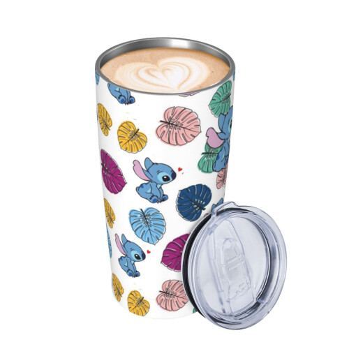 Ποτήρι καφέ ταξιδιού Cartoon Stitch 20Oz από ανοξείδωτο ατσάλι, αδιάβροχο με καλαμάκι και 2