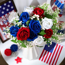Juinte 20 Pcs 4th of July Artificial Flowers, Red White Blue Patriotic Roses & Baby Breath Bouquet, Lifelike Silk Gypsophila