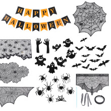 Kit de decoração de Halloween para interiores: toalha de mesa com teia de aranha e abajur.