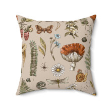 Sierkussenhoes met paddenstoelmotief, vintage herfstdecoratie in bosstijl, beige botanisch patroon met varenbladeren, geschikt voor een binnenkussen
